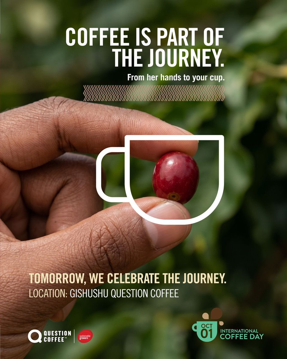 QuestionCafeRW's tweet photo. This International Coffee Day, we honour the people behind every cup. From the women producers who nurture the trees and pick each ripe cherry, to the hands that brew your cup, every sip carries a story. Coffee is part of the journey.
#QuestionCoffee #WomenInCoffee #ICD2026 https://t.co/br4crxu6ZJ