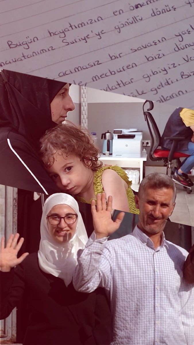 A mother in a black hijab and her young daughter wave goodbye alongside a smiling man in a checkered shirt, with a handwritten Turkish note on lined paper visible in the background. The collage reflects the farewell of Syrian refugees returning home, echoing the post's theme of seeing them as inseparable from our own people during war.