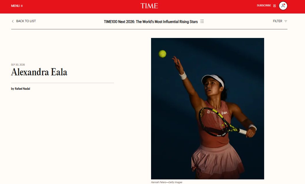 ABSCBNNews's tweet photo. LOOK: Filipina tennis star Alex Eala has been included in the "TIME100 Next" list -- Time's annual list of most influential rising stars.
 
Her profile is written by tennis icon Rafael Nadal, who says that Eala "remains a wonderful person—warm, approachable, and humble" amid her meteoric rise in the sport. (Screenshot/Time.com)