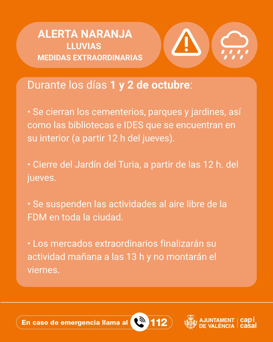 AjuntamentVLC's tweet photo. ⚠️ Ante la alerta naranja 🟠 por 🌧️ lluvias y 🟡 amarilla por tormentas establecida por #GVA112 para mañana jueves 1 de octubre y el viernes 2 de octubre, en #València, el Ayuntamiento ha adoptado las siguientes medidas 👇

https://t.co/ioB4LCSqSo https://t.co/cofkRIgQ9s