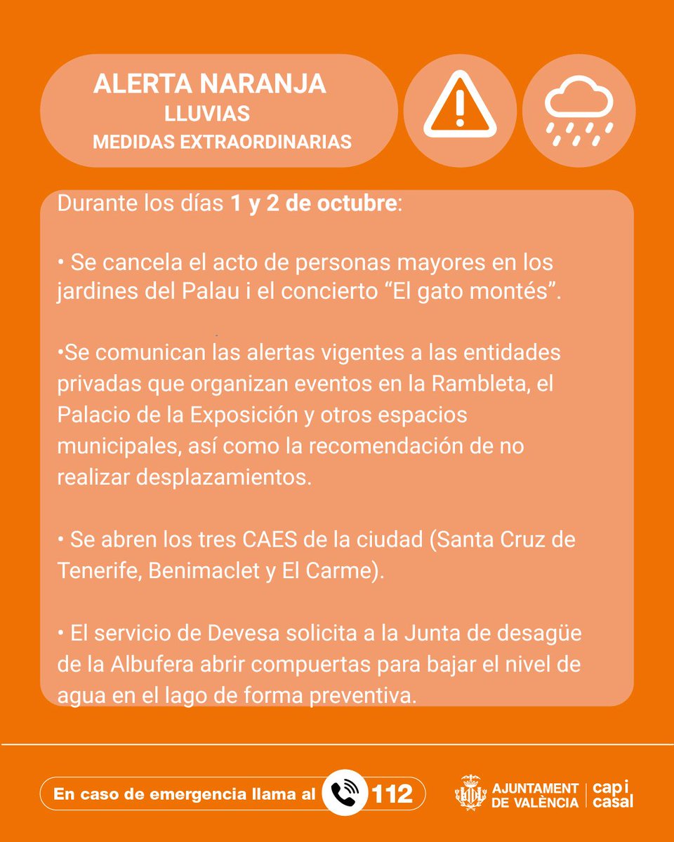 AjuntamentVLC's tweet photo. ⚠️ Ante la alerta naranja 🟠 por 🌧️ lluvias y 🟡 amarilla por tormentas establecida por #GVA112 para mañana jueves 1 de octubre y el viernes 2 de octubre, en #València, el Ayuntamiento ha adoptado las siguientes medidas 👇

https://t.co/ioB4LCSqSo https://t.co/cofkRIgQ9s