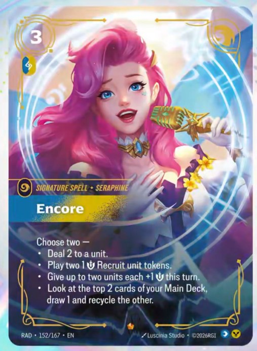 RiftboundReport's tweet photo. Seraphine's Signature Spell, Encore, has been revealed by @Busio!

#RBRadiance https://t.co/1XWlXjjFwu