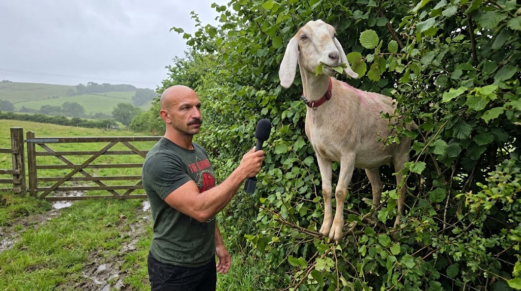SamaHoole's tweet photo. We put the rewilding argument to Keith.

"Keith. There is a scheme that will pay Dave to take this field out of production and let nature recover. No grazing. No cutting. Just leave it. How do you respond?"

Keith did not stop chewing. He was in a hedge at the time, six feet up, with his front feet in the hazel.

"Keith, the idea is that without livestock the land returns to a natural state. Wildflowers. Insects. Birds. Would you accept that your absence might be good for the field?"

Keith came down out of the hedge. He walked, at his own pace, to the corner behind the barn, and we followed, because there was no indication we had a choice.

The corner behind the barn is a quarter of an acre that Dave fenced off in April on the advice of a leaflet. Nothing has grazed it since. It was supposed to be wildflowers.

It is nettles. It is nettles to the height of a man's chest, with bramble coming through the nettles and a young sycamore coming through the bramble, and the one patch of anything that ever flowered in it is under all three. A blackbird has taken it. Nothing else has.

Keith stood at the fence and looked at it the way a decorator looks at a wall somebody else has painted.

"Keith, is this what you mean by nature recovering?"

Keith put his head through the wire, took a mouthful of nettle, and pulled the whole plant out by the root, which is a thing a goat can do and a leaflet cannot.

"Keith, are you saying the field looks the way it looks because you are in it?"

Keith looked at us with the patience of an animal who has answered this before and would appreciate it if somebody wrote it down this time.

He then walked the length of the fence, found the post Dave had not sunk properly, leaned on it until it went over, and walked into the wildflower corner.

By dusk it was a third smaller.

Dave stood at the kitchen window and did not go out. He has been meaning to get round to that corner since June.

He is putting it down as nature recovering.