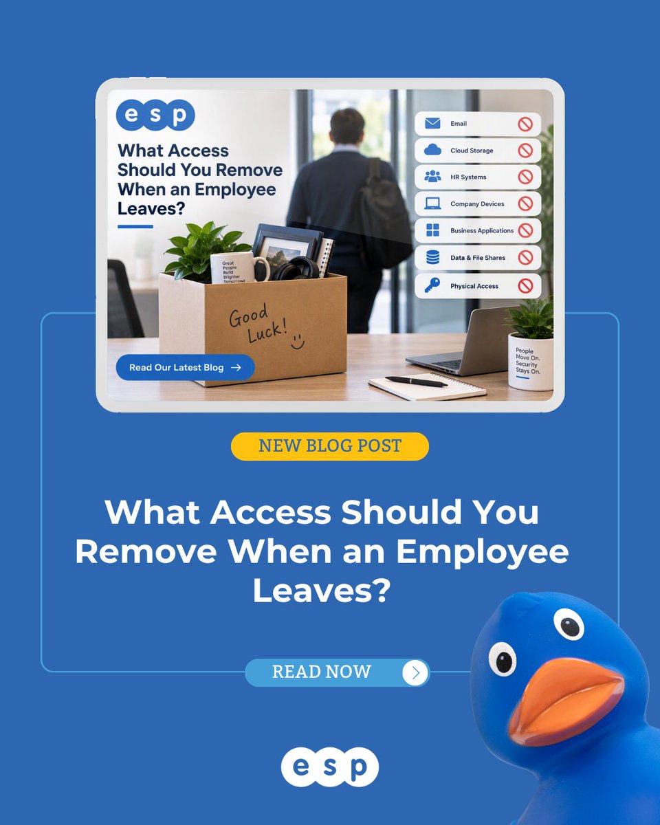 ESPProjects's tweet photo. 🔒 Is your employee offboarding process secure?

Removing an email account isn't enough. Review MFA, VPNs, cloud apps, admin rights, devices, physical access and more.

Read our latest guide 👇

https://t.co/gw1WaagM96

#CyberSecurity #ITSupport #Microsoft365 #espprojects https://t.co/r6Y8TeHYTV