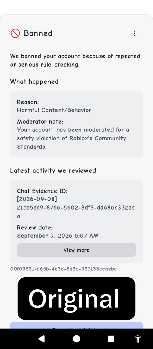 GonerLCS's tweet photo. It's been 21-22 days, no human review yet, but I got my Roblox ban reason changed to Child safety 

Not sure exactly why, been also seeing others their reason being changed to child safety https://t.co/qbyQc2vqhH