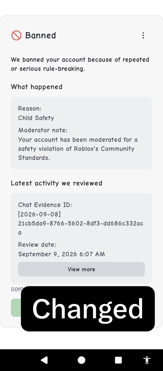 GonerLCS's tweet photo. It's been 21-22 days, no human review yet, but I got my Roblox ban reason changed to Child safety 

Not sure exactly why, been also seeing others their reason being changed to child safety https://t.co/qbyQc2vqhH