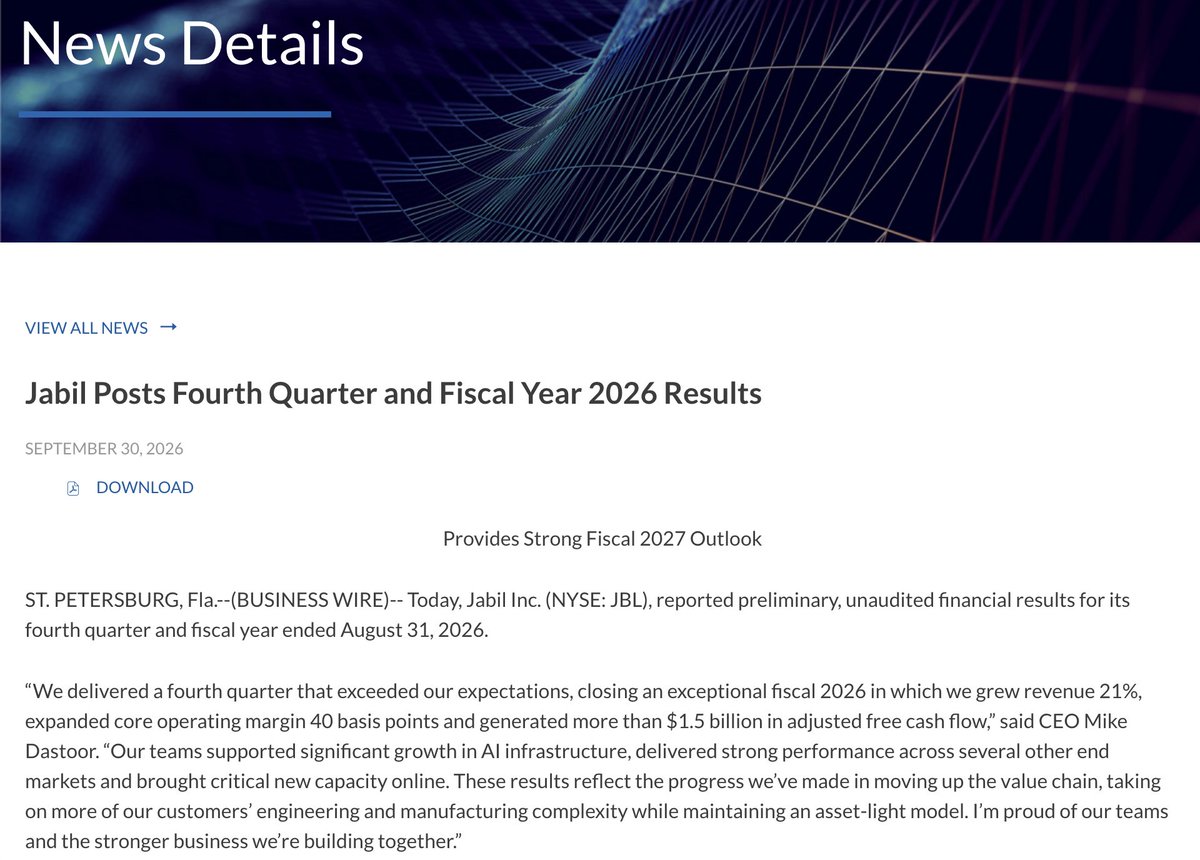 dizaq1's tweet photo. $JBL earnings, what it means for $SIVE brief overview!

Q4 beat: Q4 beat; FY2027 guided to 44.5b revenue, +24%, margin up to 6.1%, EPS +34% very very nice.

FY2027 guide is the headline: $44.5B revenue (+24%, ~$1.5B+ above consensus), core EPS $17.55 (+34%), core margin up 30bps to 6.1%

FY2025 net capex was just $322M just 1.1% of revenue

AI-related revenue: $13.6B in FY2026, up 50% from $9B

$JBL is positioning to growth in FY2027, they cite their strong and diverse customer and partner relationships.

"AI related demand remains very strong and continues to accelerate".

$JBL earnings deep dive and what it means for $SIVE coming soon.

Follow so you dont miss it I'm posting it soon.