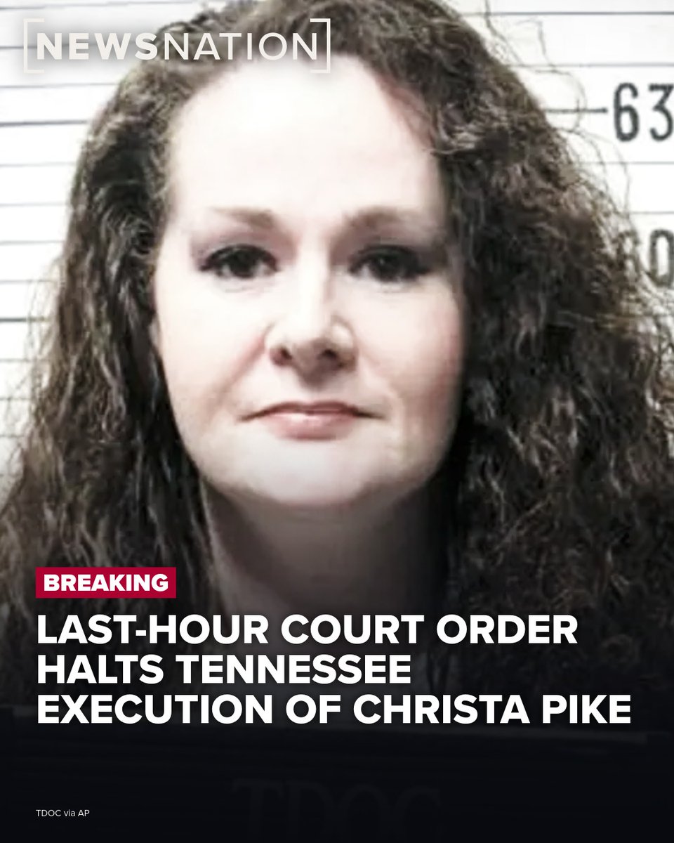 NewsNation's tweet photo. BREAKING: A last-hour court order has put a halt on the execution of Christa Pike, who this morning was set to be the first woman put to death in Tennessee in 200 years.

More: https://t.co/UPItPaYLyY https://t.co/mqxJNHLlQ0