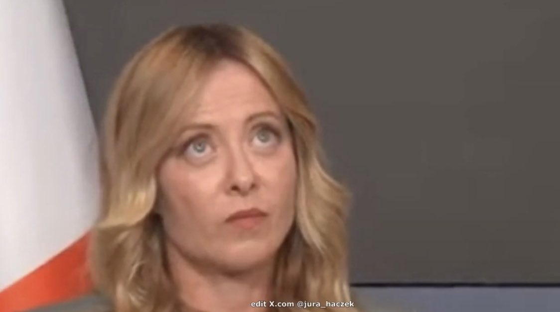 dngcze's tweet photo. Giorgia Meloni has great body language. Everyone can see she thinks that former Soviet agent and Donald Trump’s anal plug must be an idiot. She gave that look when Andrej Babiš said that she and Trump get along well. https://t.co/rP0I1lDThW