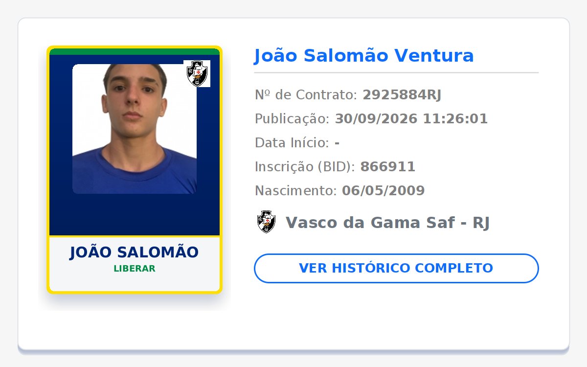 biddovasco's tweet photo. RESCISÃO/FIM DE CONTRATO NO BID! 👋 GIGANTE DA COLINA! 💢⚪⚫

👤 Nome: JOÃO SALOMÃO
🎂 Nasc.: 06/05/2009
📄 Tipo: Liberar

Publicado em: 2026-09-30 11:26:01

#Vasco #VascodaGama #GiganteDaColina https://t.co/0JmI7ZzjQ6