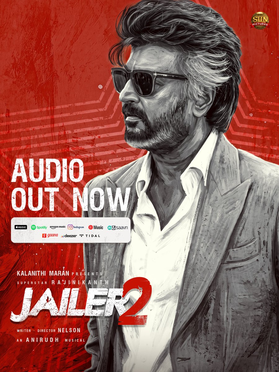 sunpictures's tweet photo. Get addicted to this 12 track musical rampage🔥
#Jailer2 Full Album out now!

🎵 https://t.co/Xm2tMPtoyc

@rajinikanth @Nelsondilpkumar @anirudhofficial @vidya_balan @iam_SJSuryah #SurajVenjaramoodu @meramyakrishnan @iYogiBabu @mirnaaofficial @vijaykartikdop @Nirmalcuts @ChethanDsouza @AlwaysJani @KiranDrk @sunilreddy22 #PallaviSingh @valentino_suren @Alagiakoothan #SantoshRaju @kabilanchelliah @kuchirayar73 @RIAZtheboss #Jailer2FromOct15