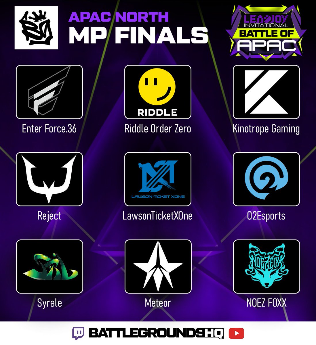 BattlegroundOCE's tweet photo. AND THERE WE HAVE IT APAC NORTH QUALIFIERS DONE!

👇Below are your 9 qualified teams for tomorrow's matchpoint finals! 👇

Catch you all tomorrow at 7pm SGT for Match Point finals!

Where to find us:
🟣 https://t.co/kmU5ESQz9Z
🔴https://t.co/CeQjnTfgls https://t.co/9aJVC1NrzG