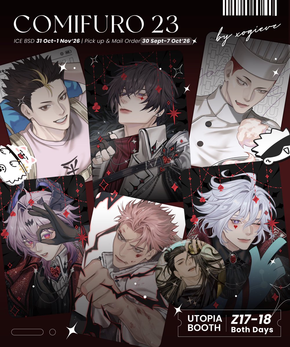 xogieve's tweet photo. [Shares♥︎] ( ᯣᴗᯣ)/
COMIFURO 23 PO+GA Open! 【1/3】

✦ Booth: Utopia Z17-18
✦ Pickup Both days &amp; Mail order (30 Sept- 7 Oct)
✦ https://t.co/l67Q40mnev
●GO please dm~

♥︎Genshin Impact, HSR, Jujutsu Kaisen, Plave, Haikyuu, LADS

#cf23 #cf23catalogue https://t.co/5rQpBrvP8K