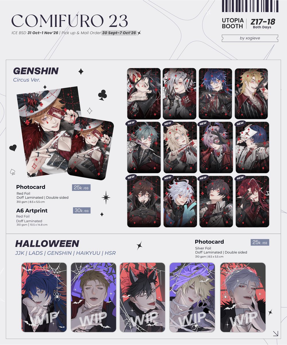 xogieve's tweet photo. [Shares♥︎] ( ᯣᴗᯣ)/
COMIFURO 23 PO+GA Open! 【1/3】

✦ Booth: Utopia Z17-18
✦ Pickup Both days &amp; Mail order (30 Sept- 7 Oct)
✦ https://t.co/l67Q40mnev
●GO please dm~

♥︎Genshin Impact, HSR, Jujutsu Kaisen, Plave, Haikyuu, LADS

#cf23 #cf23catalogue https://t.co/5rQpBrvP8K