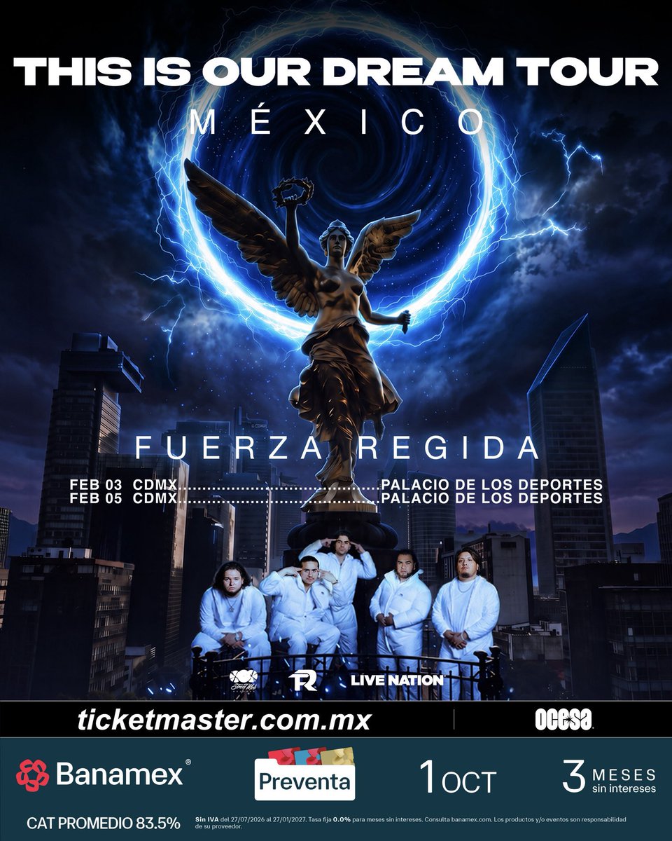 ailoviutl's tweet photo. 💳 Pre-Preventa Banamex Priority 💳

FUERZA REGIDA 🤠 This Is Our Dream Tour
🗓️ Miércoles 3 y Viernes 5 de Febrero 2027  🗓️
🏟️ Palacio de los Deportes 🏟️
📍 CDMX 📍 🇲🇽 México Tour 🇲🇽
Link: https://t.co/wSVdgDOKvO

ℹ️ CÓDIGO ℹ️

*Códigos Priority los compartí en mi Stories para Suscriptores de mi https://t.co/ccAgcLOpK6 💜

*Marcar 55 2262 2570, ingresen su número de cliente, luego opción 1, luego opción 2 e ingresan su contraseña de Audiomático (le pedirán su código al asesor telefónico Banamex)

*El correo con código y link ya les debió llegar a su correo, sino también pueden checar en bandeja de correos no deseados (SPAM) 

*Puedes consultarlo en la sección de ‘Mis Ofertas’ en la APP de Citibanamex 

ℹ️ INFORMACIÓN ℹ️

-El enlace se HABILITA 8:46 AM para que accedan al Lobby (sala de espera) a las 9:00 AM inicia la fila virtual 

-INICIA 9:00 AM - FINALIZA 9:00 PM

-Límite de compra: 4 Boletos

-Acepta pagos con tarjetas de débito/crédito EXCLUSIVAMENTE Banamex

#FuerzaRegida #ThisIsOurDreamTour #ThisIsOurDream #México #CDMX #Tour2027 #PalacioDeLosDeportes #Fest #Festival #Tour2025 #Tour2026 #DomoDeCobre #Music #Música #Concert #Concierto