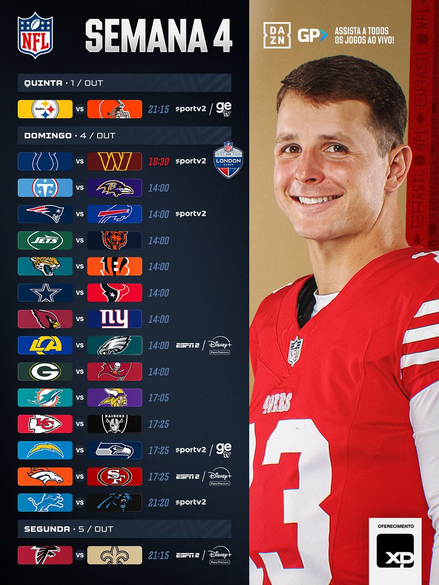 NFLBrasil's tweet photo. 🚨AGENDA DA SEMANA 4 NO AR 🚨

Confira confrontos, horários e transmissões dessa rodada, com direito a London Game com transmissão do @sportv 🇬🇧👏 https://t.co/qx9OzjHgqC