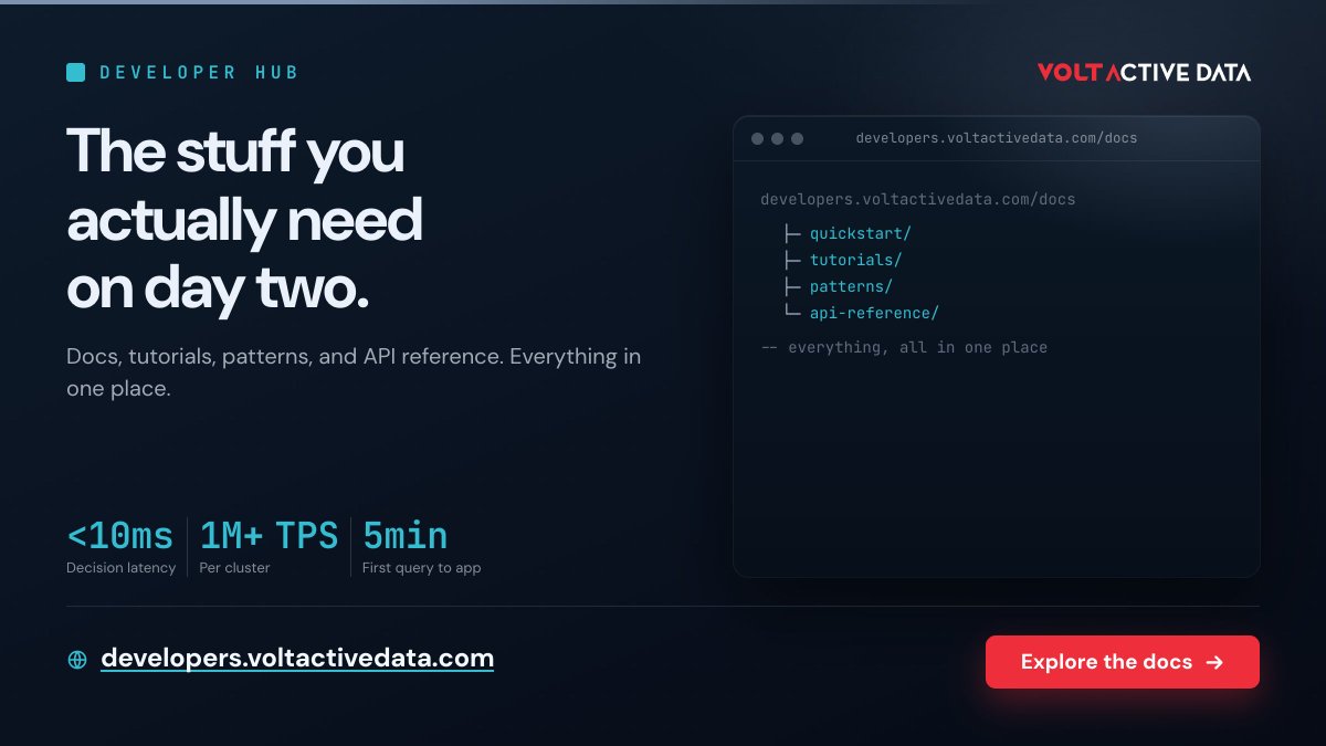 VoltActiveData's tweet photo. Day one is the quick start. Day two is the docs, patterns, and API reference that actually hold up. All in one place: 
https://t.co/qEoXl2dFzB
#DevTools #DeveloperExperience https://t.co/1fSQ9Moylh