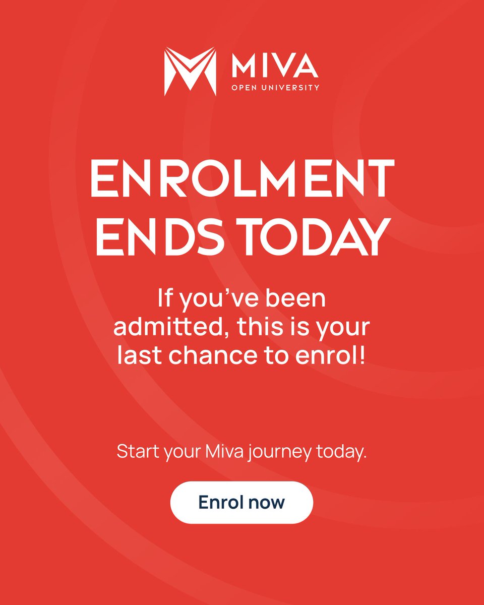 mivauniversity's tweet photo. Enrolment for the September 2026 cohort closes in just a few hours ⏰
Enrol now and you can begin your degree this year.
Don’t wait until it’s too late. Take the next step today. 💙
Enrolment ends at 11:59 PM
#MivaOpenUniversity #Miva https://t.co/19eyNLjfi5
