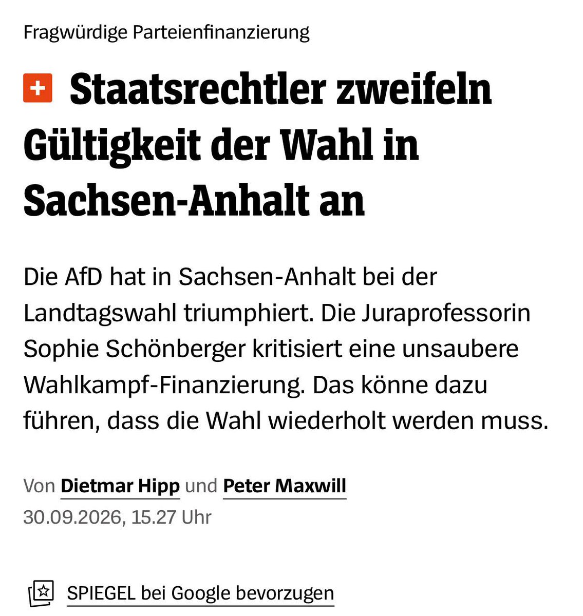 Mary_Khan94's tweet photo. Kaum kündigt Ulrich Siegmund an, die erste AfD-Regierung bilden zu wollen, stehen erste „Experten“ bereit, die die Gültigkeit der Wahl in Sachsen-Anhalt anzweifeln. Wenn das Ergebnis nicht passt, werden Wahlen eben „rückgängig gemacht“, ganz so, wie Angela Merkel es bereits in Thüringen gefordert hatte.

43,8 % lassen sich nicht wegdiskutieren. Die AfD ist mit Abstand stärkste Kraft geworden! Das Demokratieverständnis einiger selbsternannter “Superdemokraten“, wonach so lange gewählt werden müsse, bis das Ergebnis passt, ist mehr als gruselig.