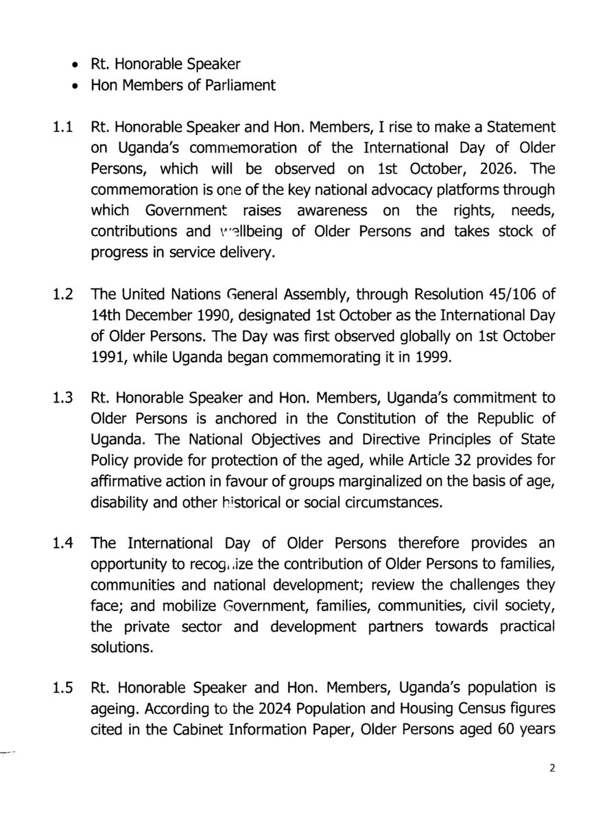 Parliament_Ug's tweet photo. 1/2 Minister Jacqueline Mbabazi’s statement the international day of older persons 2026. https://t.co/3z4euakZIt