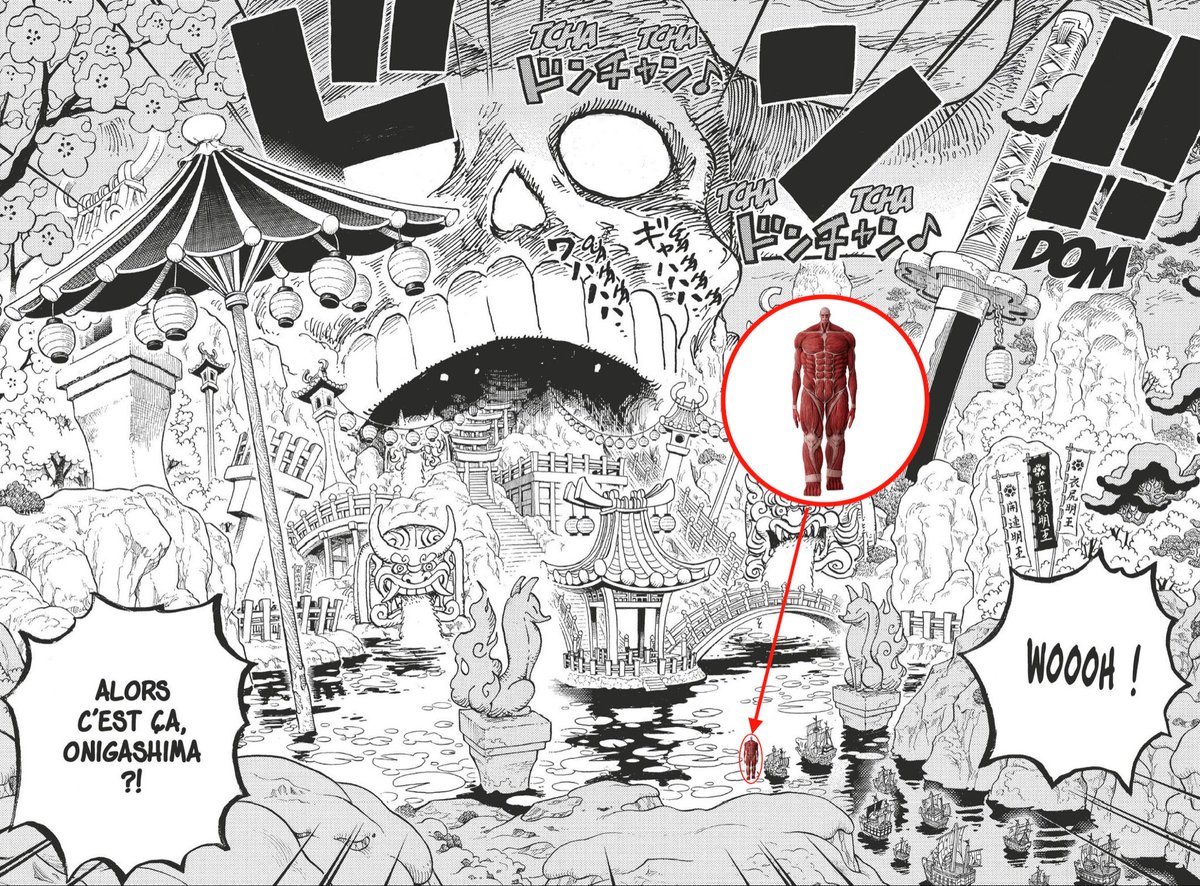 Saru_D_'s tweet photo. Je me suis amusé à comparer la taille de personnages et de lieux d’autres mangas/animes avec ceux de One Piece, en me basant sur les tailles officielles ou les estimations les plus crédibles… et le résultat est complètement lunaire MDRRR

1) Un titan colossal à Onigashima https://t.co/Sdc9eSP77e