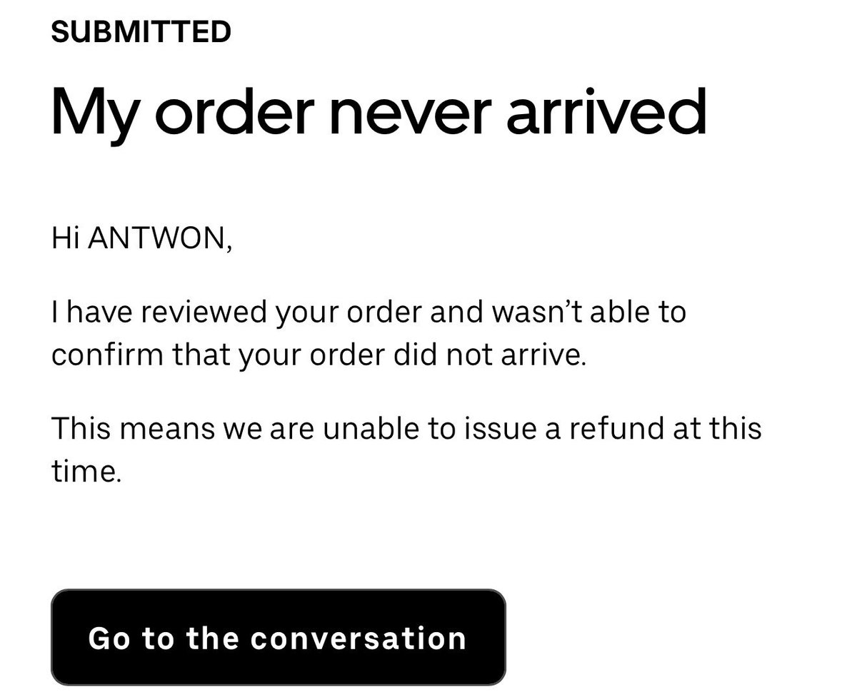 httpantwon's tweet photo. @UberEats Yesterday afternoon, on September 29, 2026, I ordered food. When I tried to get my food, the order was nowhere to be found. Y’all refuse to refund my money. See you in court. https://t.co/tuerx40tbU