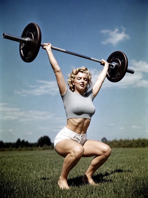 A blonde woman in a gray crop top and white shorts performs a heavy barbell overhead squat in an open grassy field under a bright blue sky, showcasing classic 1970s-style vintage fitness photography aesthetics that contrast with the prompt's request to reimagine her in modern Gen Z style.