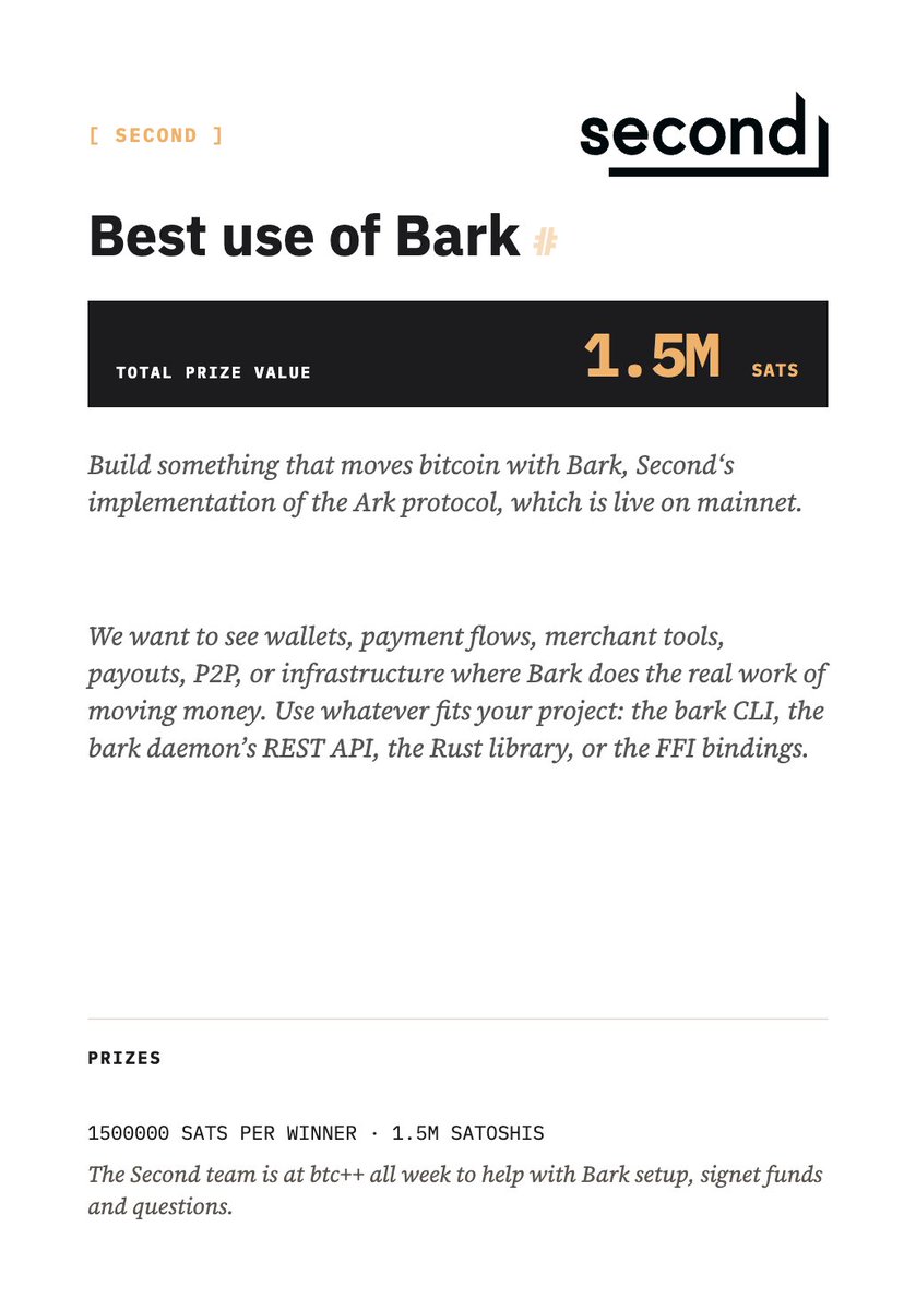 matthewvuk2's tweet photo. The Hackathon is live!! ⚡️🥳

@secondhq the biggest cash sponsor prize of the whole event. 1.5 million sats, directly sent to you. (~€1104 / $1,253 USD)

Bark is the best for payments. Over 100 participants. Let's build! https://t.co/vR9vxM1MVG