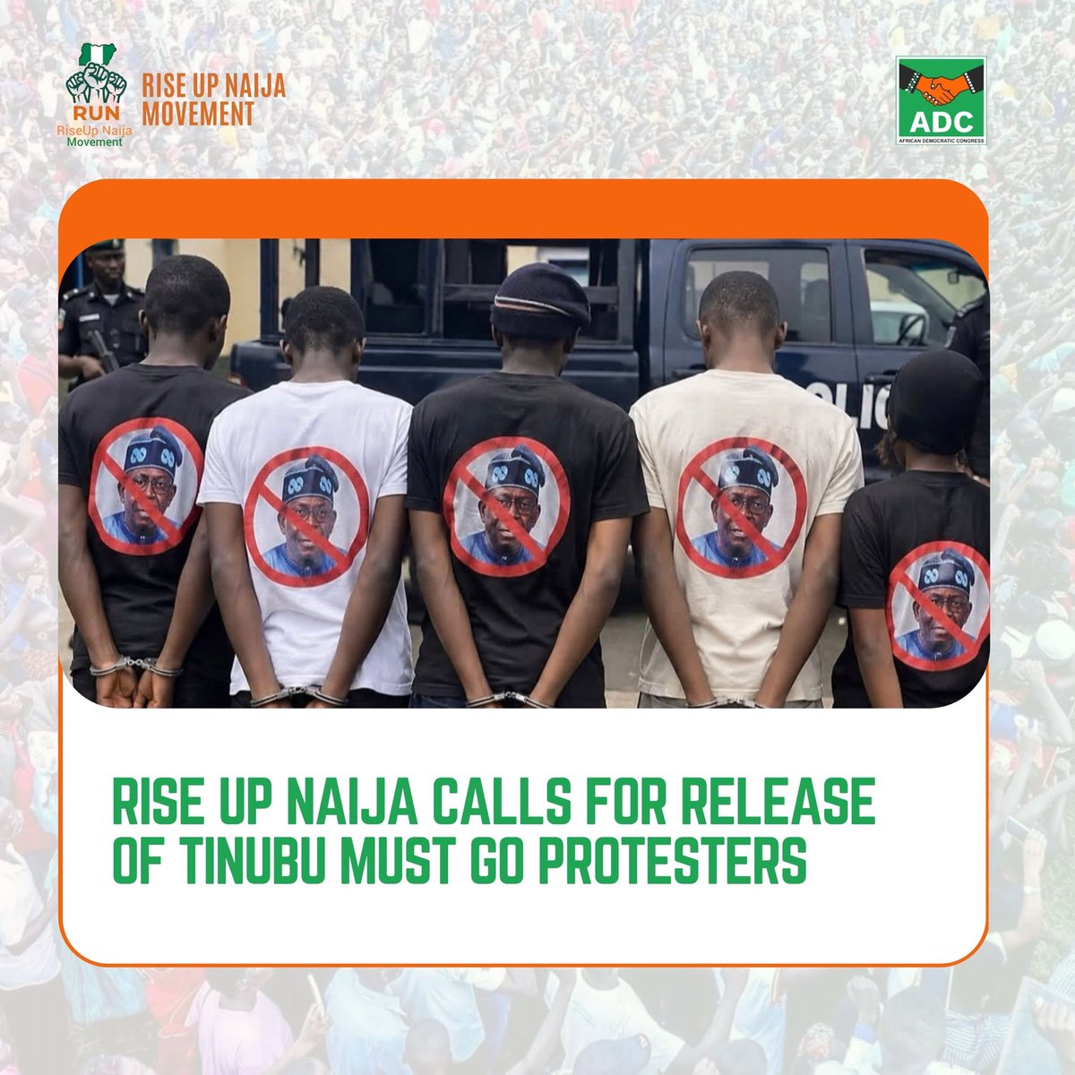 RiseUpNaija_RUN's tweet photo. ENOUGH IS ENOUGH.

Under President Bola Tinubu, Nigerians must not be made to fear expressing political opinions. Wearing a shirt that says “Tinubu Must Go” is a political expression, not a crime. The reported arrest and detention of 5 people in Borno over such political

1/3 https://t.co/7O4nyVtw3L