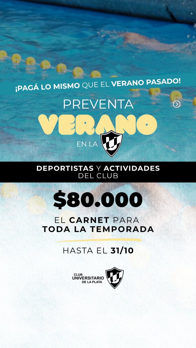 CULP_oficial's tweet photo. ¡Si hacés deporte o actividades en la U APROVECHÁ la PREVENTA de temporada y PAGÁ LO MISMO QUE EL VERANO PASADO!
Carnet Deportista | Temporada completa: $80.000
Carnet Socio/a General | Temporada completa: $140.000
¡Sacá tu PREVENTA!: https://t.co/ABkM5fMNxv
Válida hasta el 31/10 https://t.co/M8BAtmpJHW