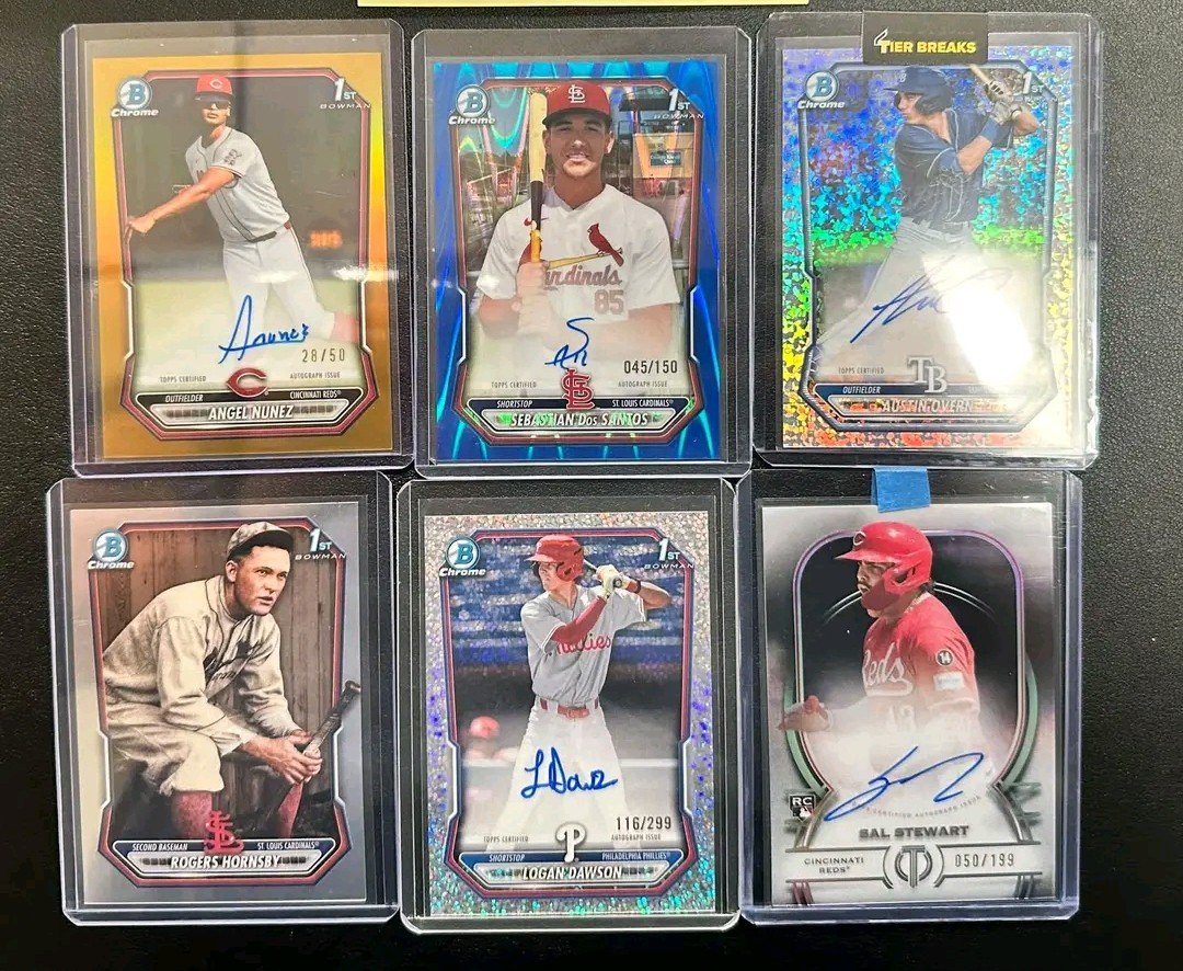 JCards01's tweet photo. @FeistSportsCard Lot for sale. Please shoot me dm if interested 

$675 for the lot. 

Angel Nunez /50 -$350
Rogers Hornsby retrofractor- $100
Sebastian Dos Santos /150- $250
Sal Stewart /199- $80
Austin Overn /100- $80
Logan Dawson /299- $20 https://t.co/7R5QFvRPCb