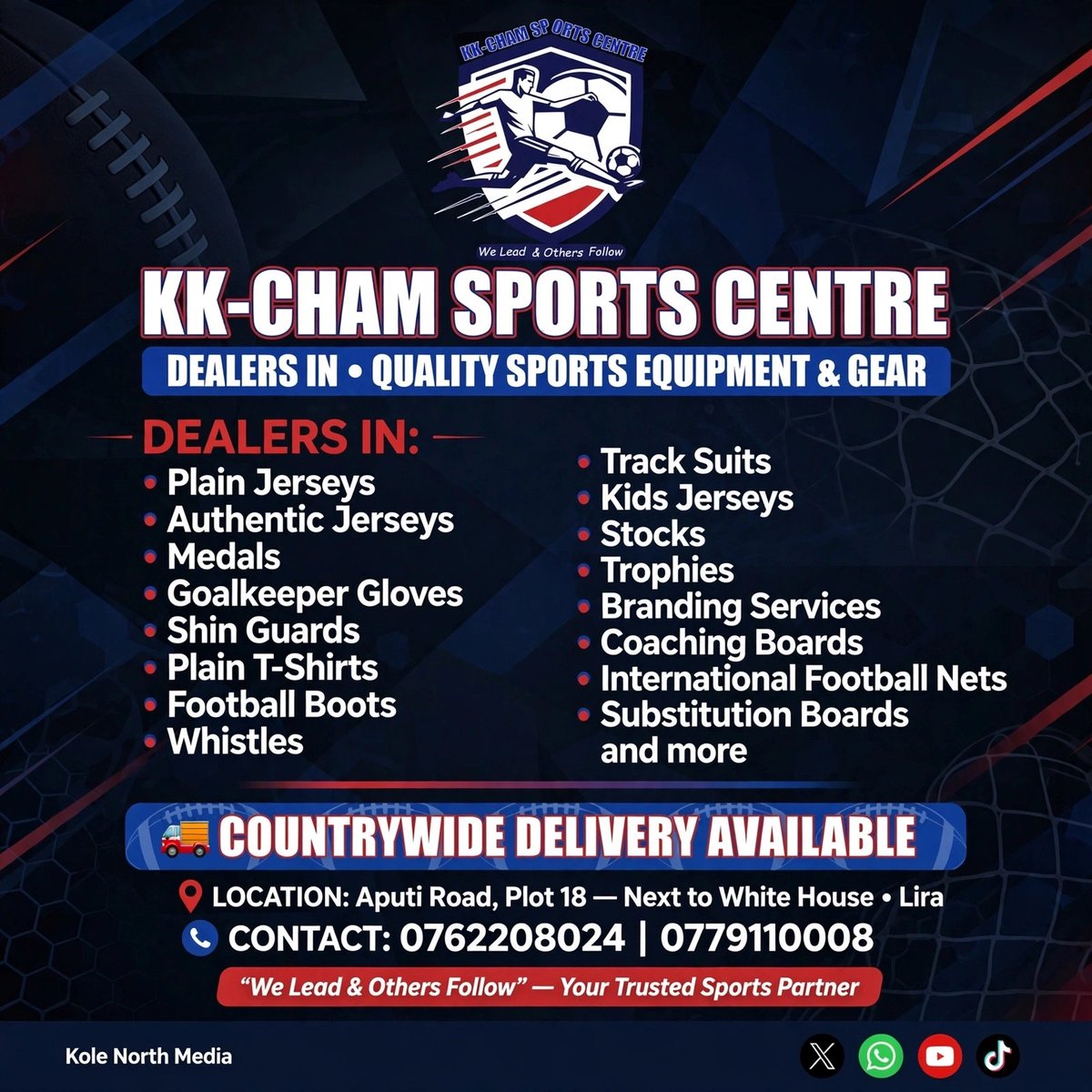 KOLENORTHMEDIA's tweet photo. KK CHAM SPORTS CENTRE

Dealers In
Plain Jerseys | Authentic Jerseys | Football Boots | Goalkeeper Gloves | Shin Guards | Plain T-Shirts | Medals | Trophies | Whistles | Track Suits | Kids' Jerseys | Stocks | Coaching Boards | Substitution Boards | Football Nets | Branding  &amp; More https://t.co/yO0GphTxAz