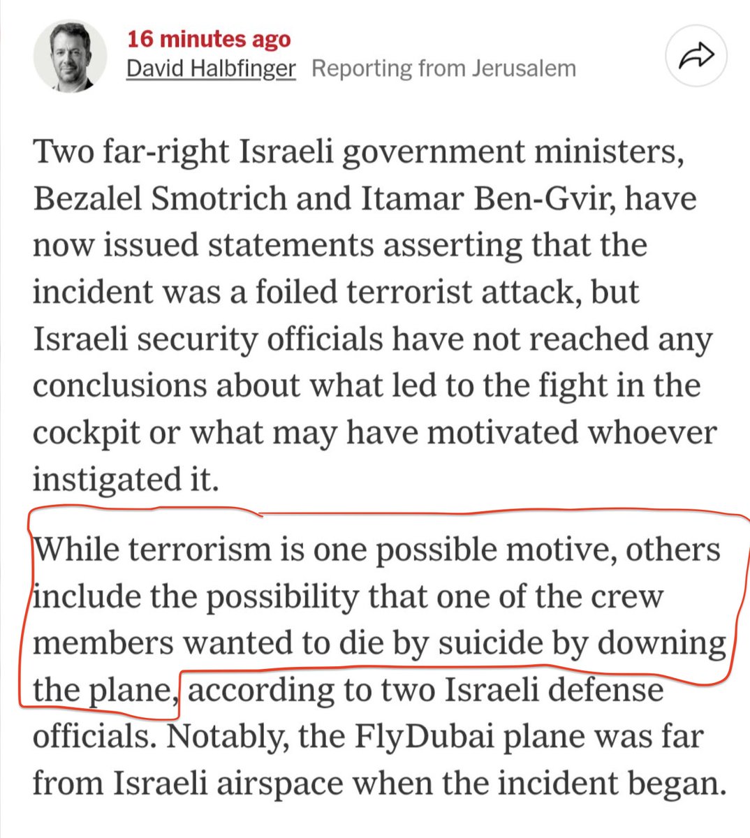 JordanSchachtel's tweet photo. According to The New York Times, hijacking a plane full of people of a very specific identity and trying to crash it into the ground is not necessarily terrorism, and it can be chalked up to a mental health issue. 

Real winners over there. https://t.co/2xQm9dFJAg