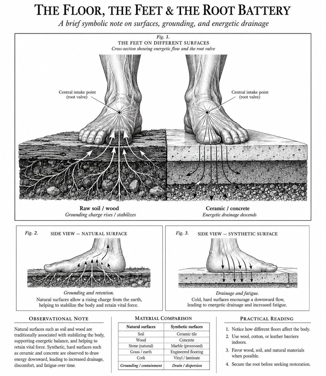 niyetsel's tweet photo. the physical floor beneath your feet is not just a structural foundation..
It is an active energetic conductor.

we walk barefoot across cold ceramic tiles or synthetic concrete surfaces in our homes without a second thought.
We assume that simply staying indoors automatically protects our vital force.
but you are unknowingly standing on a massive energetic siphon.

the absolute center of your foot holds a highly sensitive biological valve.
Ancient eastern maps identified this exact location as the primary intake and release point for your root battery.
ıt is the direct anchor between your subtle nervous system and the dense frequencies of the ground.

When you walk barefoot on raw soil or solid organic wood, that valve pulls in a stabilizing, grounding charge.
It feeds your deep marrow.
but synthetic stone, cold ceramic, and processed concrete operate on a completely different frequency.
they are esoterically dead materials.
They act as an absolute energetic vacuum.

the moment your bare skin makes contact with these cold synthetic surfaces, your root battery is violently pulled downward..
The floor literally drinks your vital force to compensate for its own energetic emptiness.
Your subtle body bleeds raw energy straight into the ground.

this is exactly why you can spend an entire weekend resting at home and still feel a deep, unexplainable lethargy in your bones.
Your physical vessel was technically safe.
but your internal reserves were being continuously drained through the soles of your feet.

Deeply grounded practitioners never let their bare skin touch dead surfaces.
They always kept a thick layer of natural wool, cotton, or organic leather between their root valves and the synthetic floor.
They understood that securing the bottom of the vessel is the only way to prevent a total internal collapse.

stop letting the architecture of your house quietly empty your energetic reserves..
Cover your root valves and keep your vital force strictly inside your own grid.