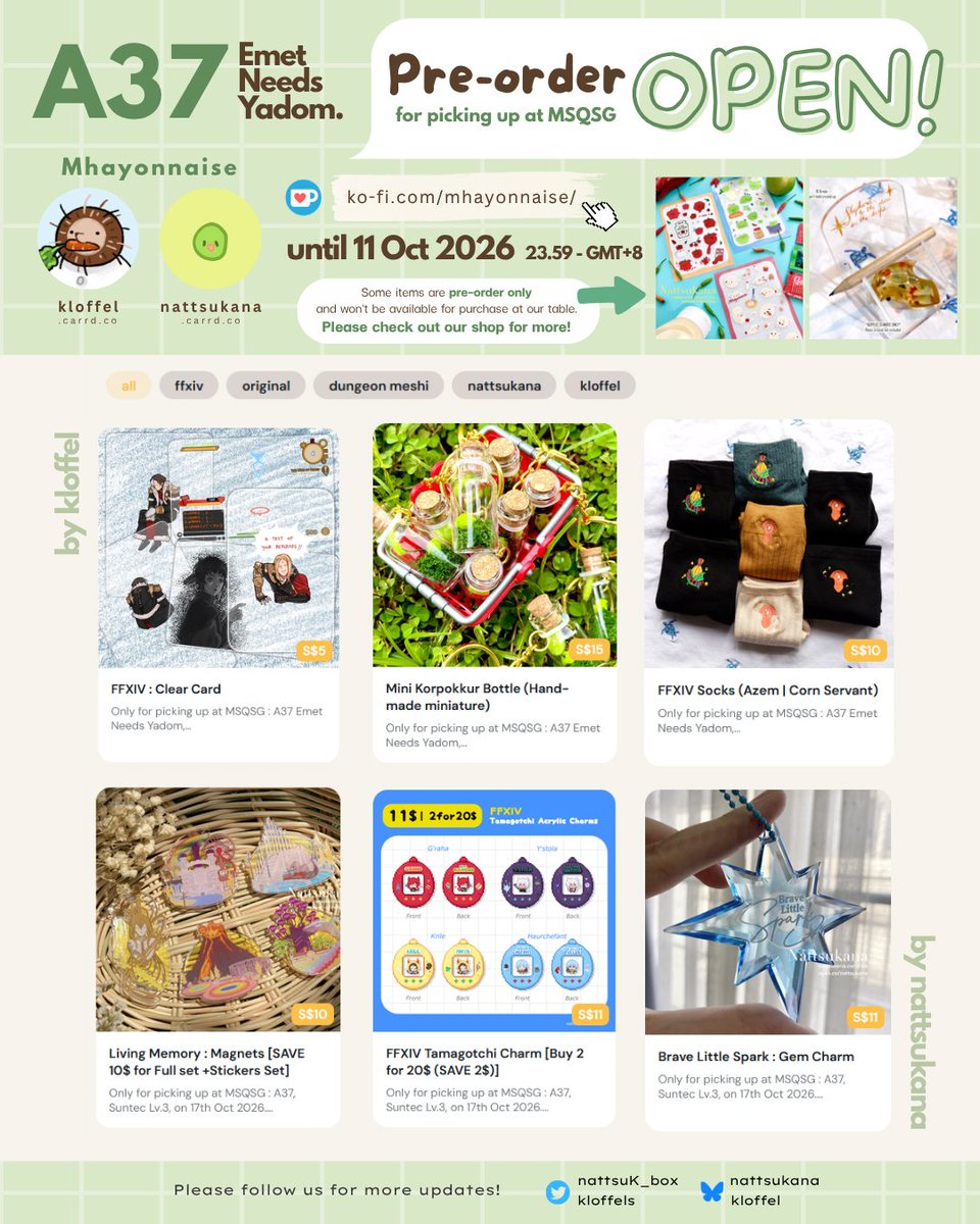 nattsuK_box's tweet photo. Mhayonnaise's pre-order for picking up at #msqsg2026 #makersquestsg is now open!

Mini Korpokkur Bottle, Emet-Selch and Zenos Clear Card by @kloffels
FFXIV Tamagotchi Charms, Living Memory Magnets by me!

and more!

📅until 11 Oct, 23.59 GMT+8
📍A37 Emet Needs Yadom

🔗⬇️ https://t.co/m0ugChrWlj