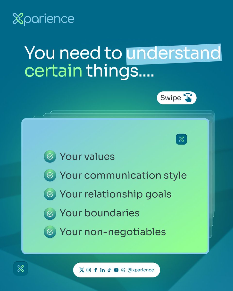 xparience's tweet photo. Before looking for the right person,take some time to understand yourself.

Know your values.Know your boundaries.Know what you want,how you communicate,and what you won't compromise on.

#XPARIENCE #DatingAdvice #SelfAwareness #HealthyRelationships #GreenFlags #BetterConnections https://t.co/KpB1u2xzpO