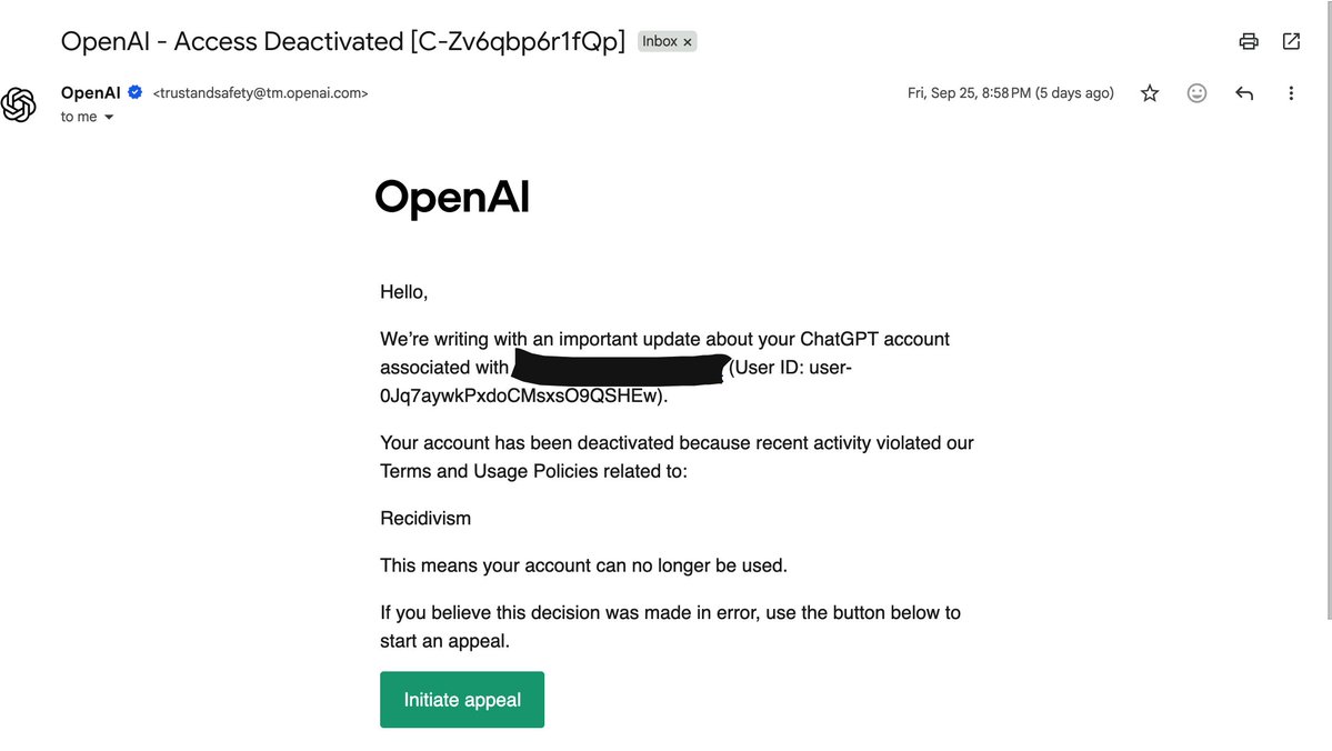 JasonLi82274838's tweet photo. @OpenAI @OpenAIDevs @sama @thsottiaux 
OpenAI banned my $200/mo account with no warning and no reason (Recidivism?). My appeal was auto-closed. No refund. No way to export my chat history.  

Now they've sent me 62,500 credits… for an account I can't access. 

What's the point? https://t.co/KuNgkvflup