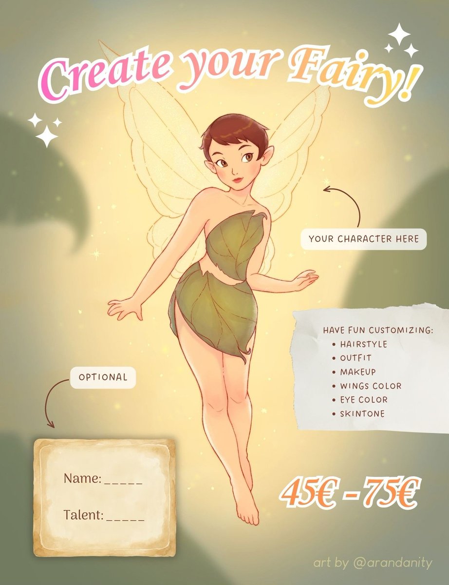 Arandanity's tweet photo. 🗣️ Chicas chicas he abierto unas commissions especiales (del tipo "Your character here") para hacer haditas 🧚🏻‍♀️🍄🍂 #ych https://t.co/ohLOv1iCpY