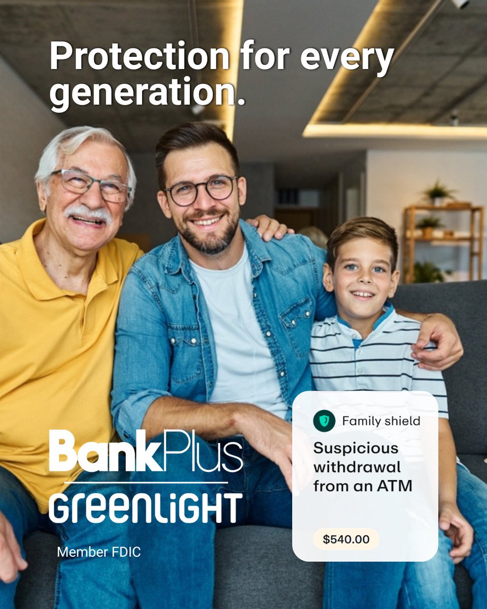 BankPlus's tweet photo. Caring for your family shouldn't mean constant worry. Greenlight's Family Shield helps protect your loved ones from fraud, so you can worry less. Learn more about Greenlight, included with your BankPlus checking account. https://t.co/DnBiLBXqYf https://t.co/3JksW6gkOA