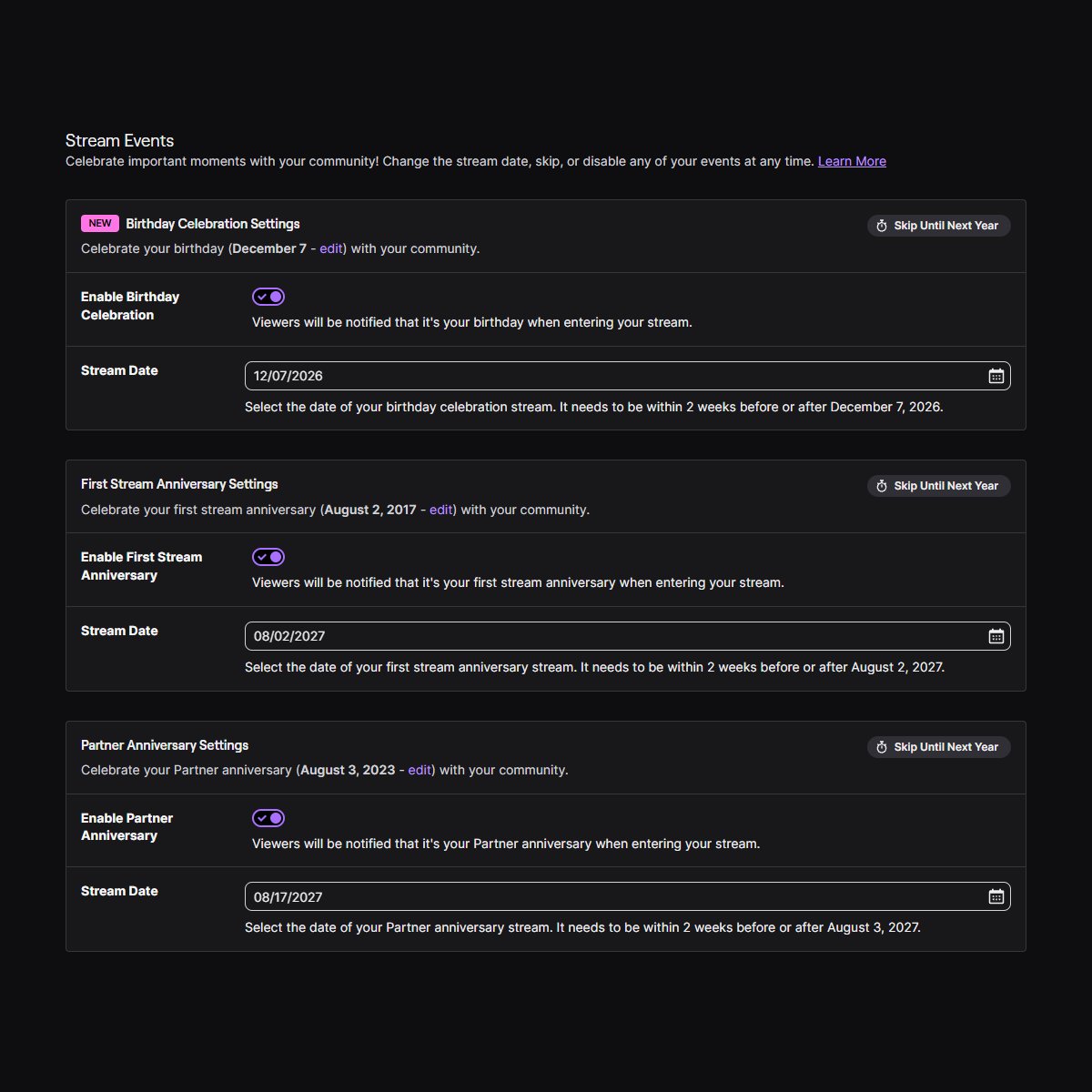 zachbussey's tweet photo. Twitch is rolling out another Stream Event: Birthday Celebration.

This follows the recent addition of "First Stream" as an anniversary option, along with the long-running "Affiliate/Partner Anniversary" event. https://t.co/xxIEOE34yn