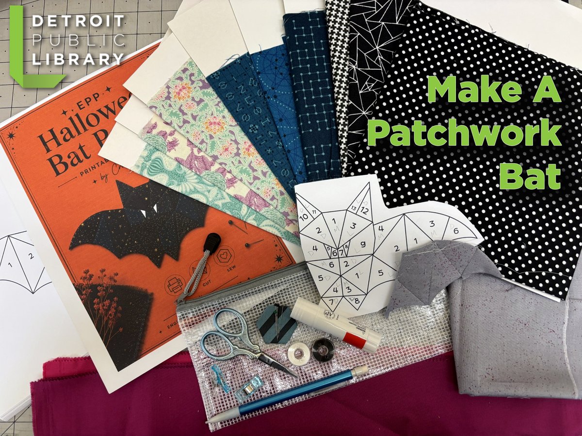 DetroitLibrary's tweet photo. Come to the #detroitpubliclibrary to "Stitch on Sundays!" Starting this Sunday, October 4 (and then 11, 18 &amp; 25) at the Main Library at 1:30 pm enjoy a relaxing afternoon of hand sewing as you create a patchwork bat for Halloween. 
More info: https://t.co/LWj67qV8qE https://t.co/wmm057v38x