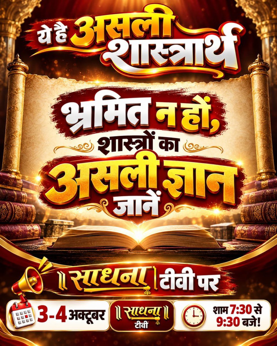 GaneshUmare5's tweet photo. #50लाख_की_ऐतिहासिक_डिबेट
  ☘️🌹🚩🚩भ्रमित न हों, शास्त्रों का असली ज्ञान 🍀💐🚩🚩जानें—साधना टीवी पर 3-4 अक्टूबर शाम 7:30 से 9:30 बजे!
Challenge By Sant RampalJi https://t.co/gmWWYeL38q