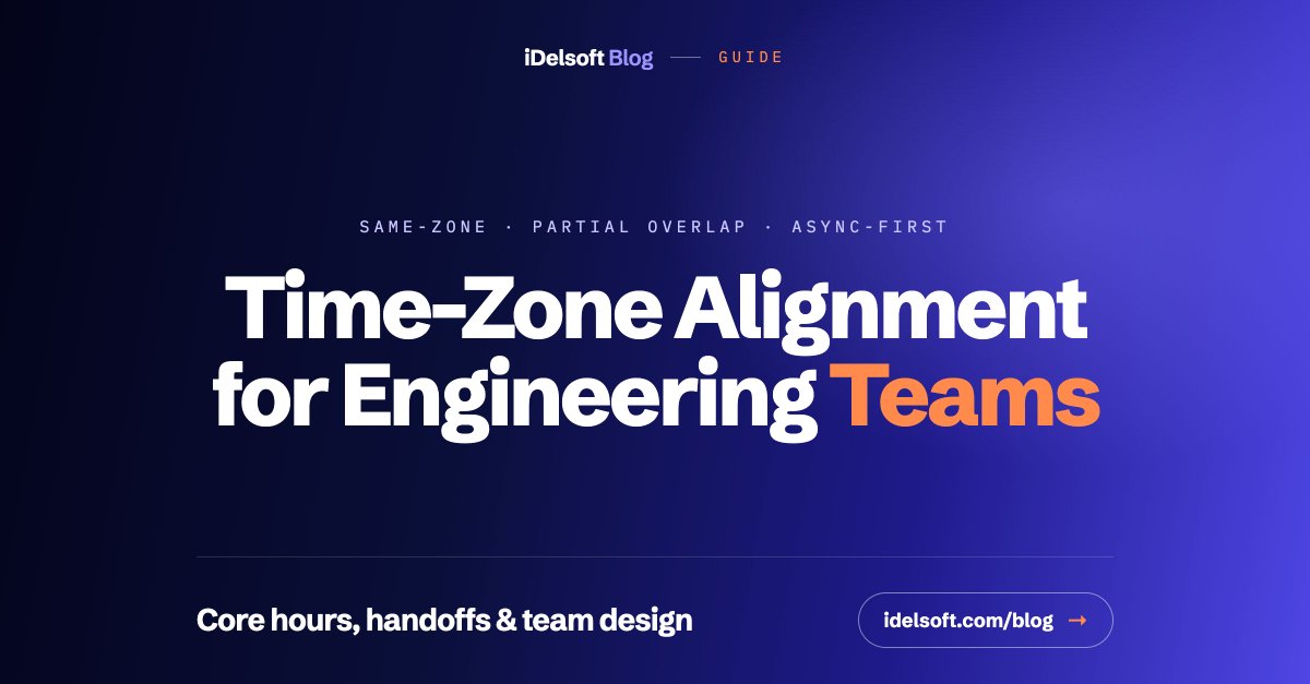 idelsoft's tweet photo. If your engineers never share a few live hours a day, small blockers turn into lost days.

Our guide on time-zone alignment covers overlap windows, async handoffs and the written rules that keep distributed teams moving. 

Read the guide here 👉 https://t.co/E2hk40JWI3 https://t.co/KLZ5rrIOLw
