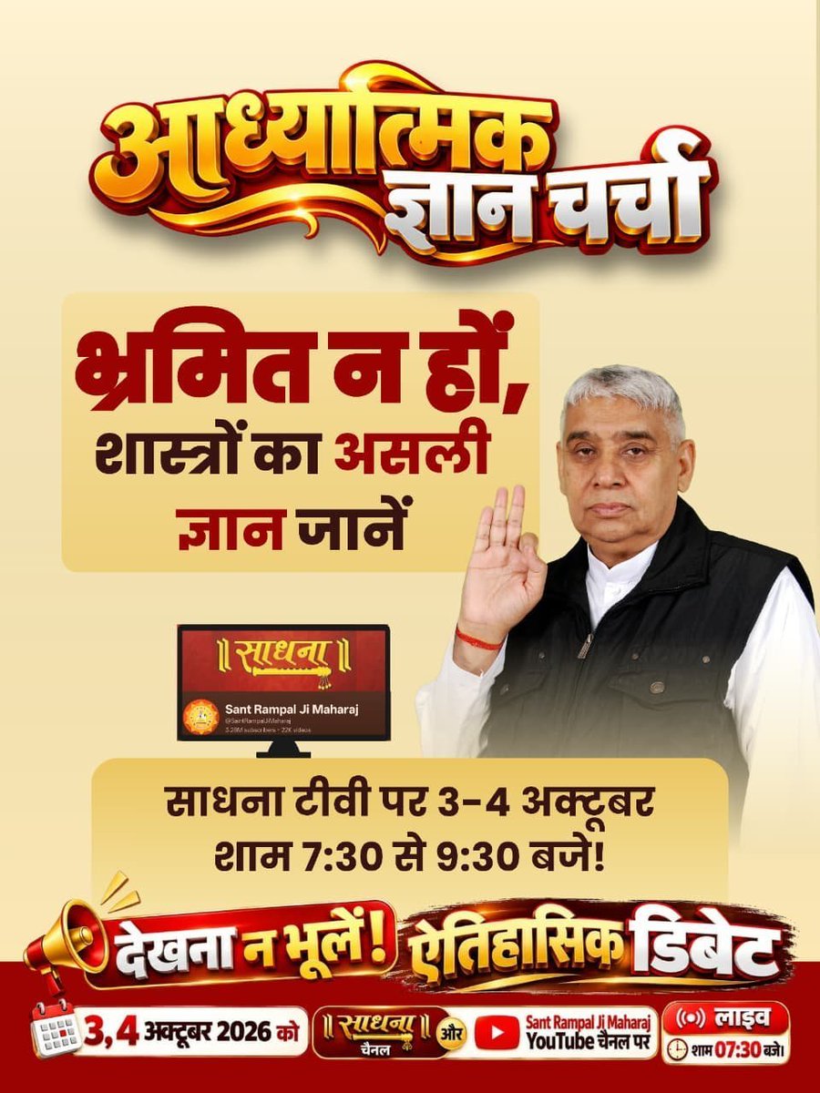 KumarRa81520268's tweet photo. #50लाख_की_ऐतिहासिक_डिबेट
THE BATTLE OF SPIRITUAL KNOWLEDGE

VEDAS,GITA,QURAN,BIBLE

THE SPIRITUAL ARENA IS READY AGAIN

OCTOBER 3 &amp; 4, 2026 LIVE TELECAST

7:30 PM TO 9:30 PM
Challenge By Sant RampalJi https://t.co/hLa6h2vFDt