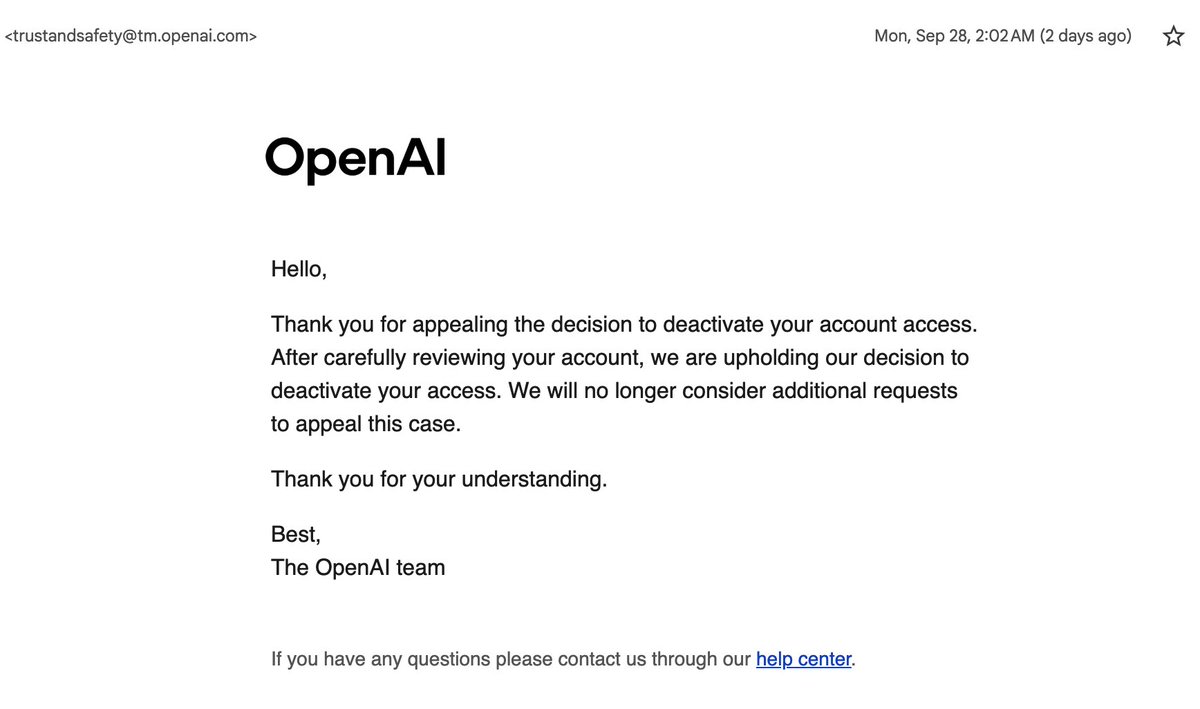 JasonLi82274838's tweet photo. @OpenAI @OpenAIDevs @sama @thsottiaux 
OpenAI banned my $200/mo account with no warning and no reason (Recidivism?). My appeal was auto-closed. No refund. No way to export my chat history.  

Now they've sent me 62,500 credits… for an account I can't access. 

What's the point? https://t.co/KuNgkvflup