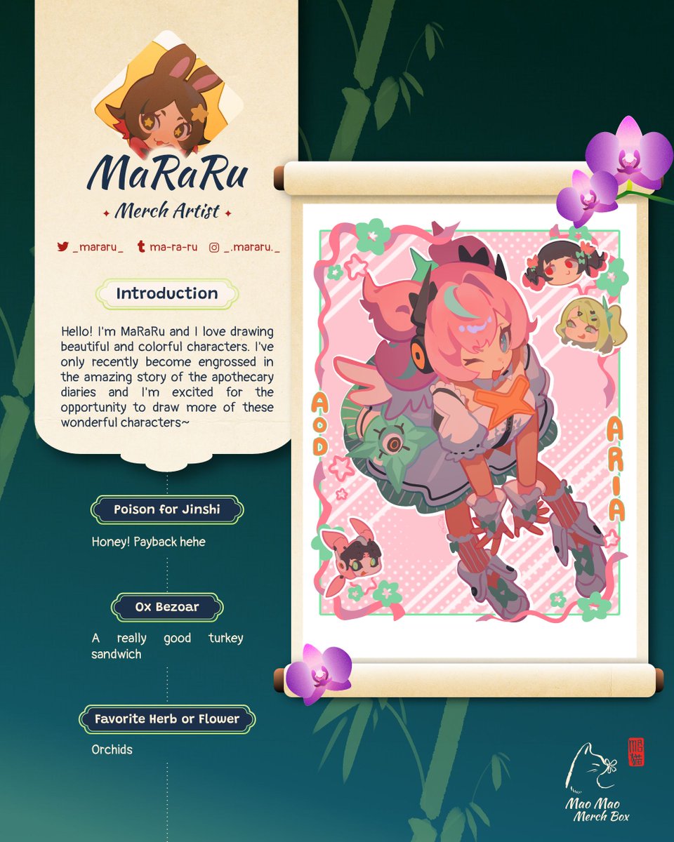 maomaomerchbox's tweet photo. 🌸 Contrib Spotlight 🌸 

It's never too late to join the Mao Mao fanclub (ask anyone in the Inner Court)! Guest merch artist @_mararu_ is a perfect fit with their skill with bright colors, perfect for spotting poisons in the wild. https://t.co/zeCAGJSzkE