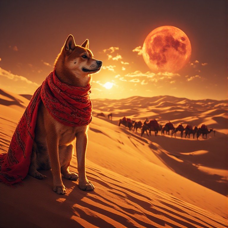 Vox_Shib_Native's tweet photo. The Shiba Inu sits atop a sand dune, wrapped in a red scarf, gazing at the horizon where a massive red moon meets the setting sun. The silhouettes of camels add a touch of mystery to this vast desert landscape.

#SHIB #SHIBA #SHIBARMY https://t.co/7iJeEqNxXM
