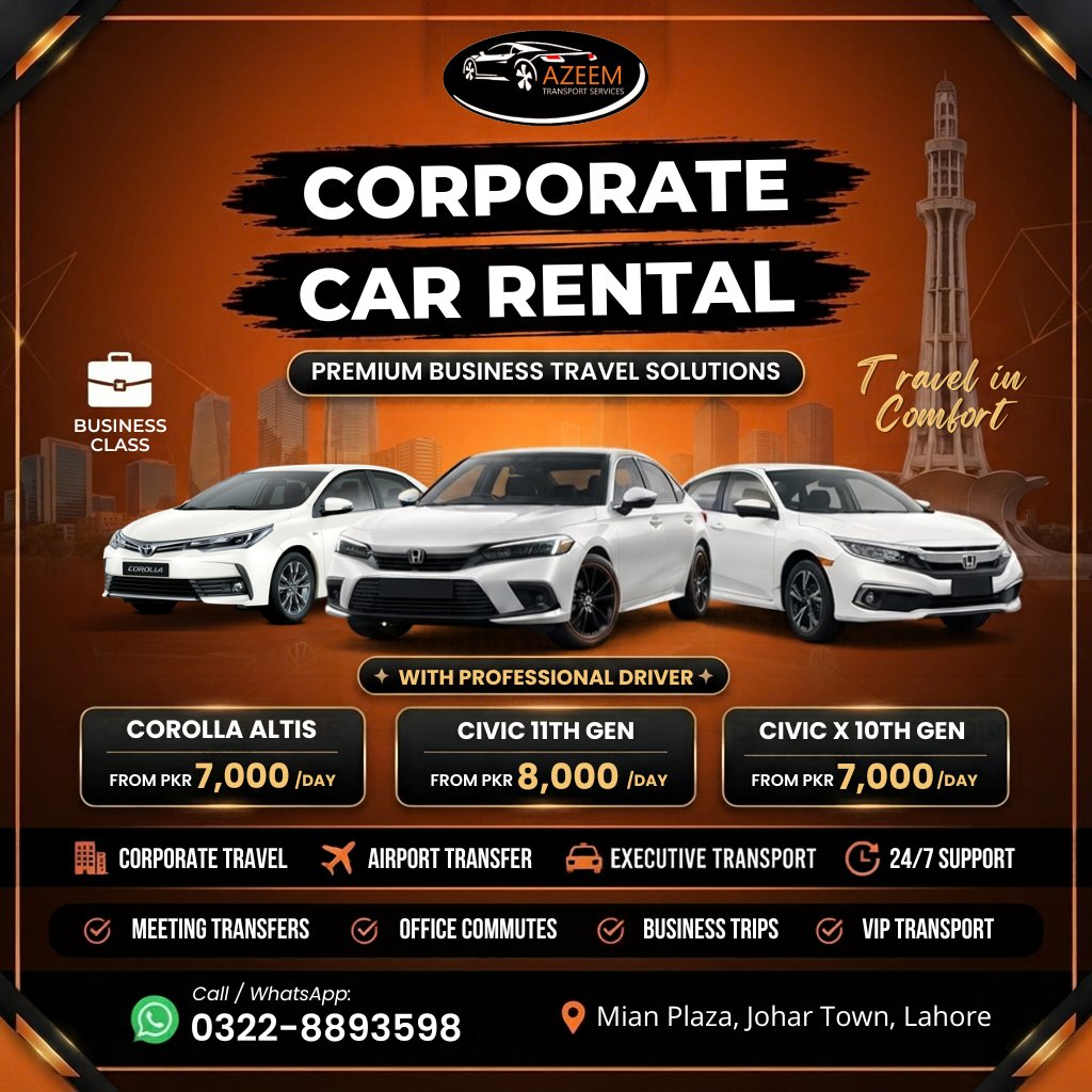 azeemrentacar02's tweet photo. Travel in comfort with Azeem Transport Services Lahore! 🚘 Premium cars with professional drivers.
🔹 Corolla Altis: From PKR 7k/day
🔹 Civic 11th Gen: From PKR 8k/day
🔹 Civic X: From PKR 7k/day
📞 0322-8893598📍 Johar Town, Lahore
#CarRental #Lahore #BusinessTravel https://t.co/nEzTfDL6Hp