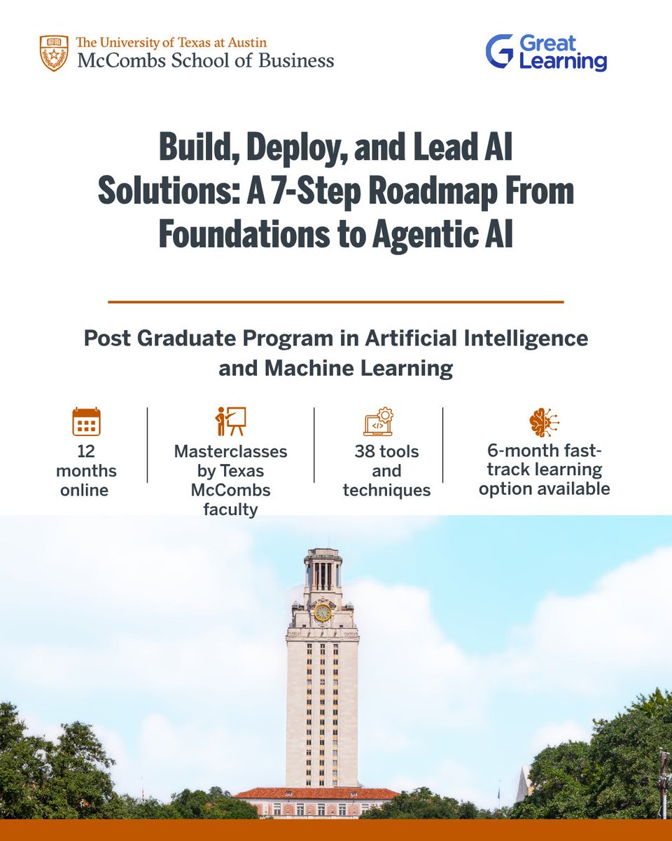 Great_Learning's tweet photo. Looking to transition into AI and ML, or build and lead AI solutions at scale?
According to McKinsey & Company, nearly two-thirds of enterprises have experimented with AI agents, but fewer than 10 percent have scaled them to deliver tangible value. Closing that gap calls for professionals with the right skills, built in the right order.

Our latest article maps a 7-step roadmap from foundations to Agentic AI, aligned with the curriculum of the Post Graduate Program in Artificial Intelligence and Machine Learning from Texas McCombs:

Step 1: Build Foundations in Python and Data
Step 2: Develop Core Machine Learning Skills
Step 3: Progress to Neural Networks and Computer Vision
Step 4: Work with Generative AI and LLMs
Step 5: Build and Secure AI Agents
Step 6: Deploy and Scale AI Solutions
Step 7: Apply Learning Through a Capstone Project

Program highlights:
Recorded lectures and monthly live masterclasses by Texas McCombs faculty
30+ live mentorship sessions with industry experts
11 hands-on projects, 60+ case studies, and 38 tools
Claude-Based AI Workflows module
Personalized feedback on all submitted projects
Dedicated Program Manager and academic support
Dual certificates from Texas McCombs and Great Lakes Executive Learning, plus 9.5 CEUs
Shareable e-portfolio and career support

Read the detailed article by checking out the link. 
https://t.co/KlB88e0Ez9