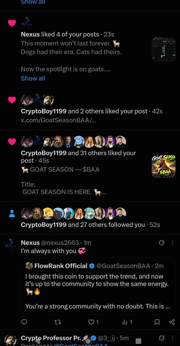 GoatSeasonBAA's tweet photo. Thank you everyone for the support. ❤️🐐
I truly appreciate every single one of you from the bottom of my heart.

GOAT SEASON  $BAA 🐐🔥 https://t.co/xh89sZA0nu